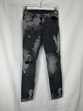 Guess Kate Skinny Stretch Distressed Jeans Size 25 Grey Low Rise Black Glitter